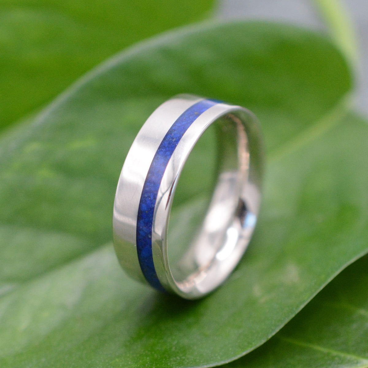 Asymmetric lapis lazuli and white gold ring, comfort fit band, handmade in Louisville Kentucky
