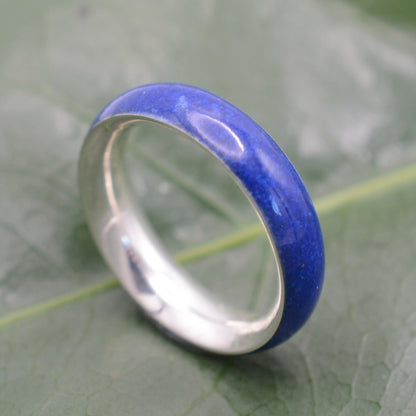 Lapis lazuli wedding band with 14k white gold, Siempre design, handmade in Louisville Kentucky