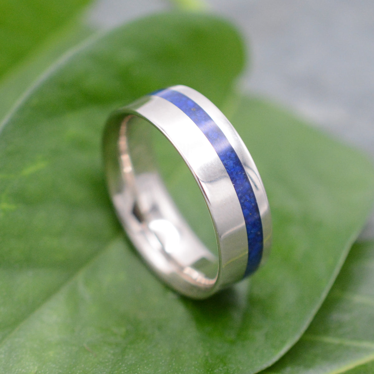 Equinox white gold lapis ring showing offset stripe  - Naturaleza Organic Jewelry