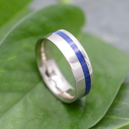 Equinox white gold lapis ring showing offset stripe  - Naturaleza Organic Jewelry