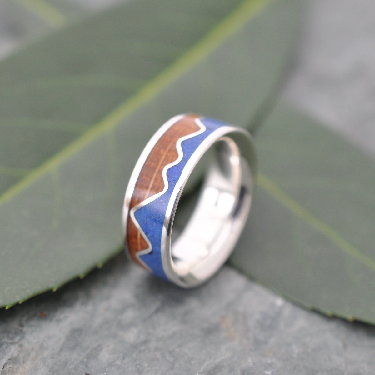 Lapis Lazuli Mountain Ring, Bourbon Barrel Wood and Sterling Silver, handcrafted wood wedding ring.