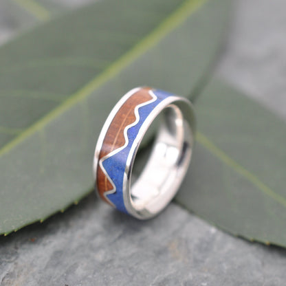 Lapis Lazuli Mountain Ring, Bourbon Barrel Wood and Sterling Silver, handcrafted wood wedding ring.