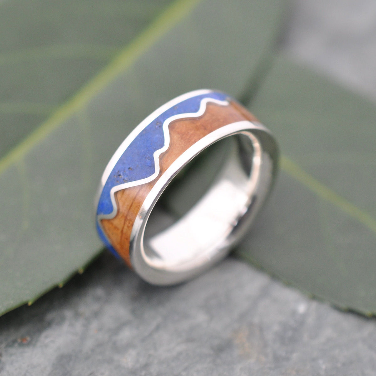 Lapis Lazuli Mountain Ring, Bourbon Barrel Wood and Sterling Silver with hand-carved mountain range inlay.