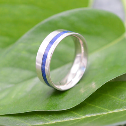 Lapis lazuli white gold ring showing offset inlay and stone layer detail, Equinox design
