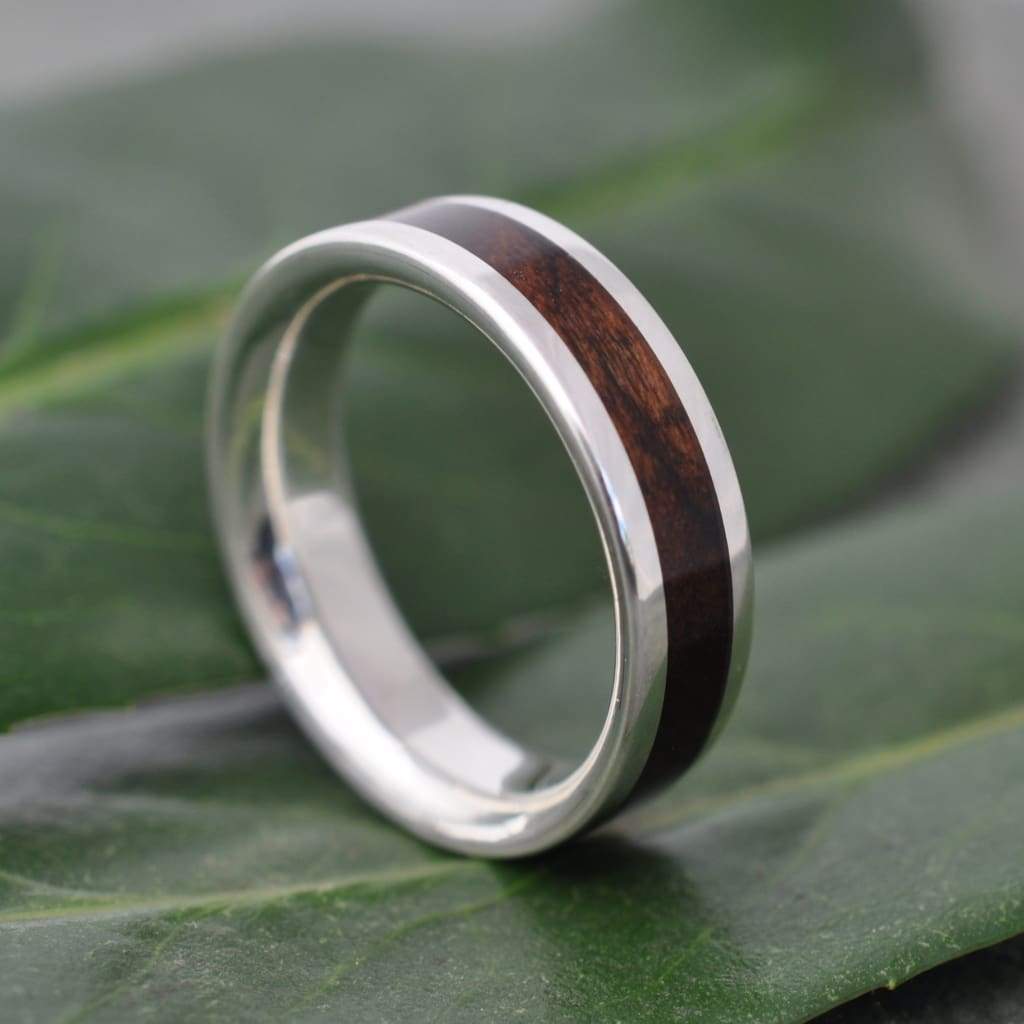Sustainable silver and wood wedding band with laurel macho, Louisville KY