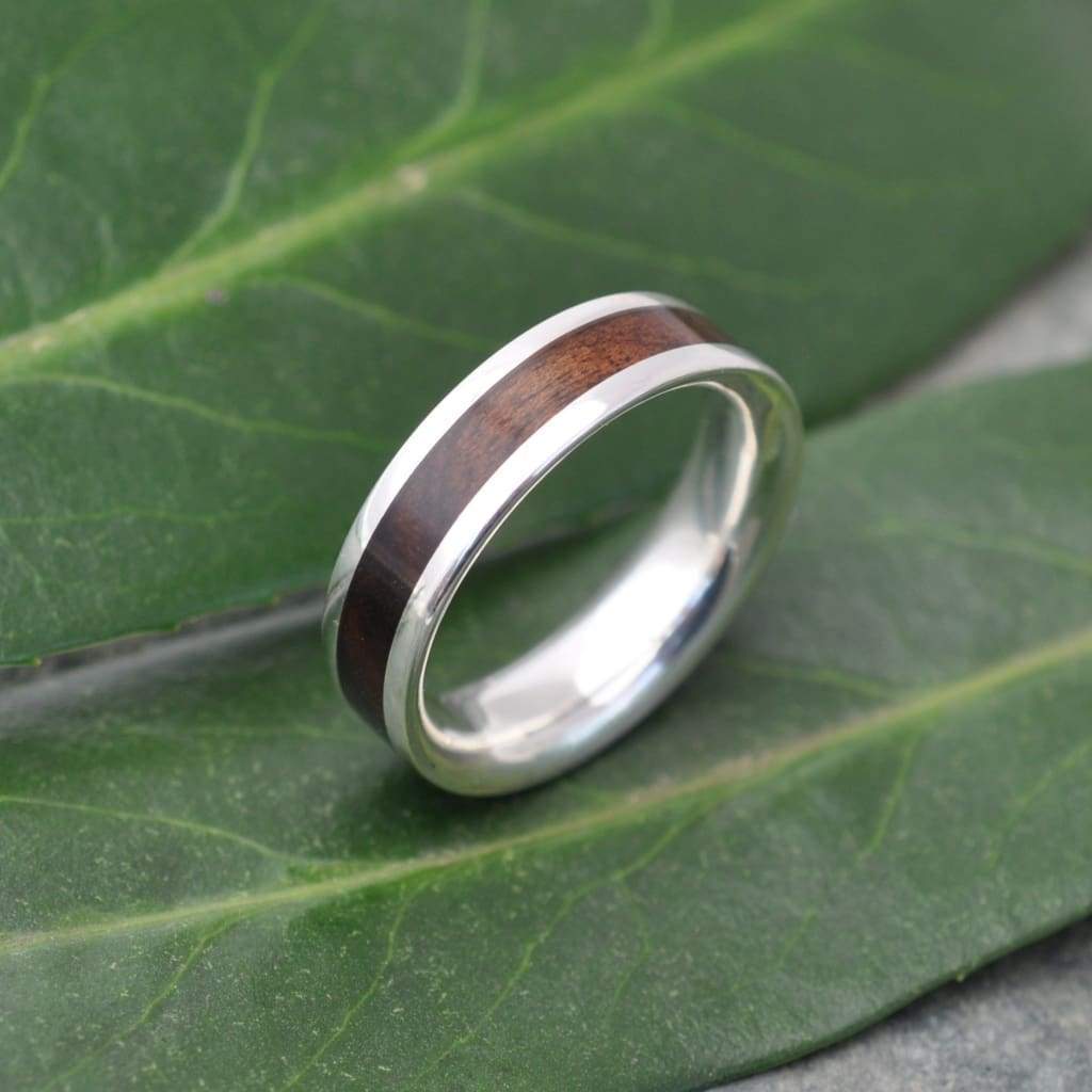 Sustainable wood wedding band with recycled sterling silver, Lados