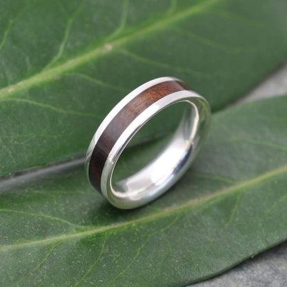 Sustainable wood wedding band with recycled sterling silver, Lados