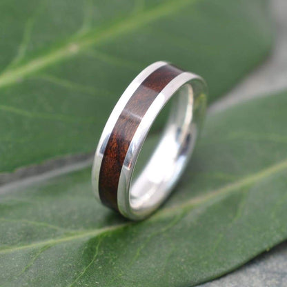 Ethically made wood and silver wedding band with laurel macho wood