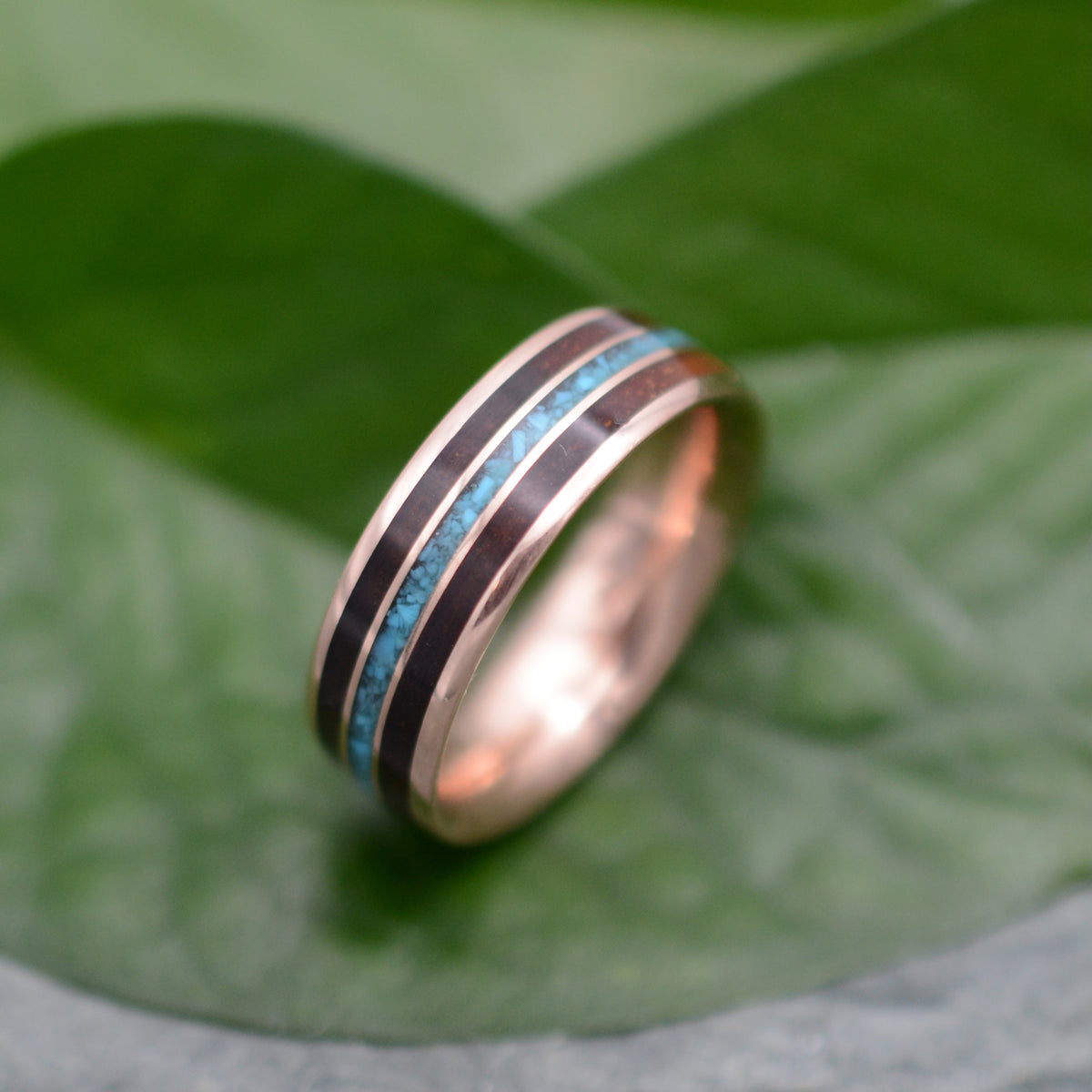 Eco-friendly rose gold ring with turquoise and Hawaiian koa inlay