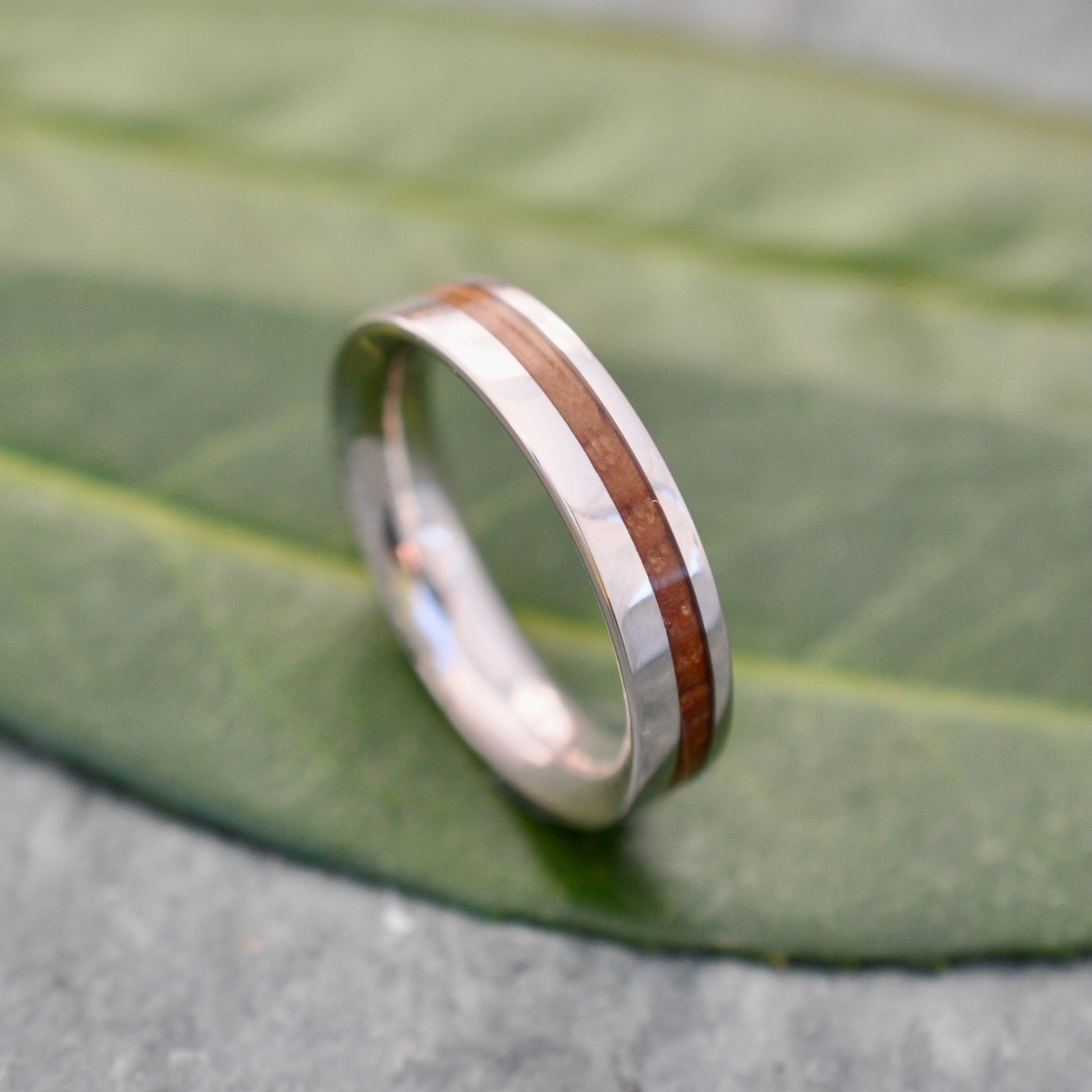 Mens whiskey barrel wedding ring with recycled white gold
