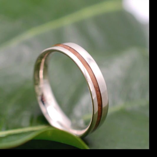 Mens bourbon barrel wood ring with recycled white gold, Equinox design
