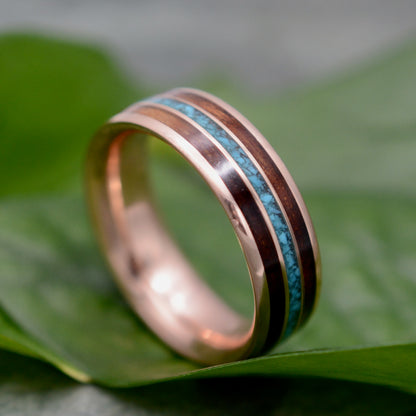 Turquoise and koa wood ring with recycled rose gold, comfort fit