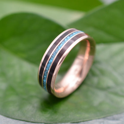 Meridian rose gold ring showing turquoise, koa and rose gold composition