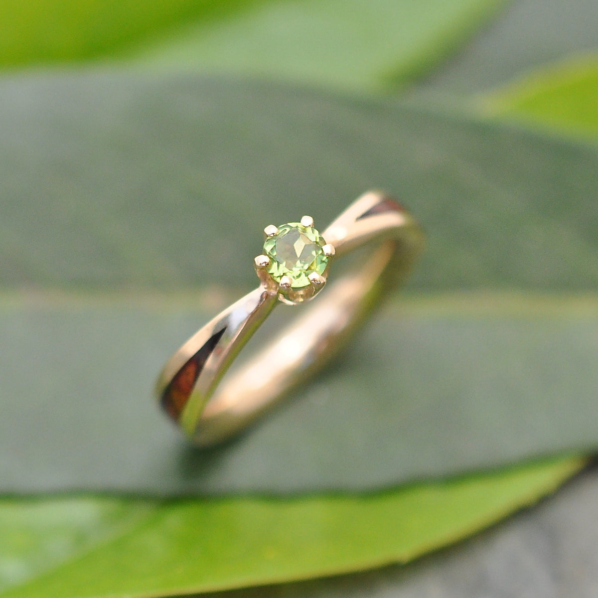 Moldavite solitaire wood engagement ring in yellow gold with wood inlay on natural background