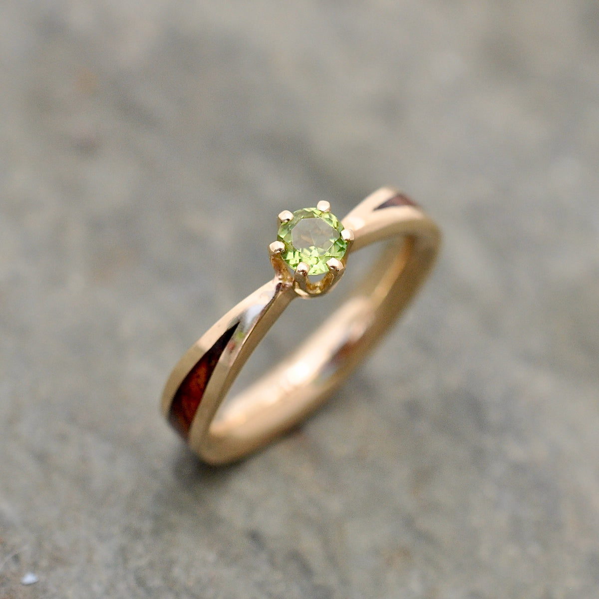 Moldavite solitaire wood engagement ring in yellow gold with wood inlay top view