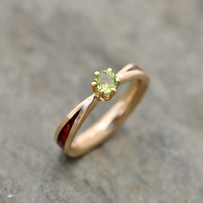 Moldavite solitaire wood engagement ring in yellow gold with wood inlay top view
