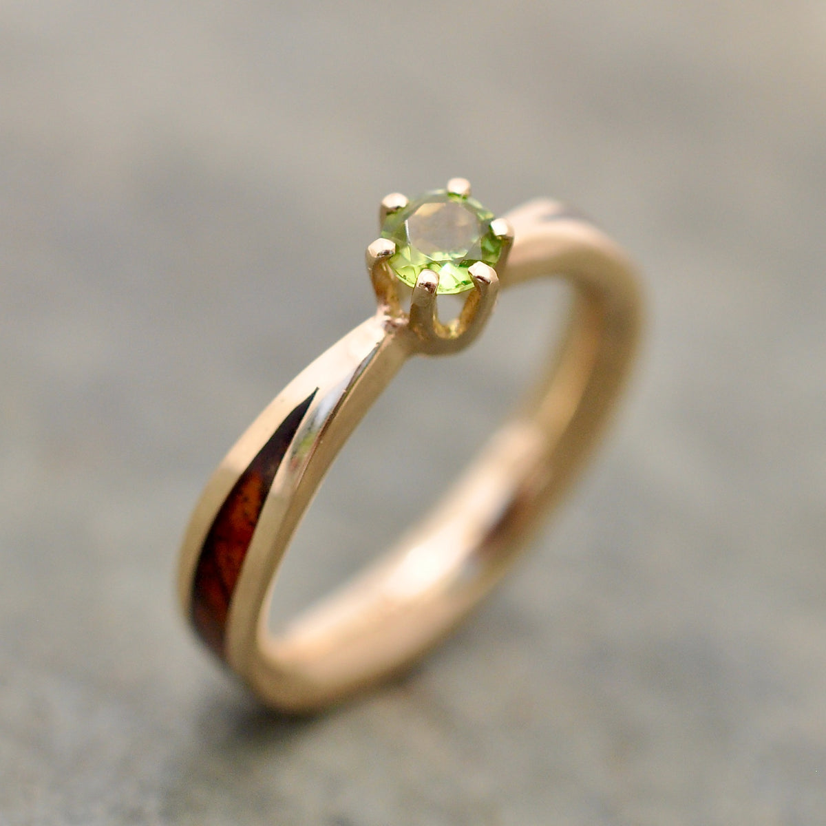 Moldavite solitaire wood engagement ring in yellow gold with wood inlay handmade in Louisville KY