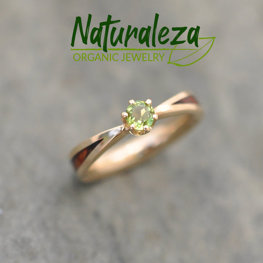 Moldavite solitaire wood engagement ring in yellow gold with wood inlay