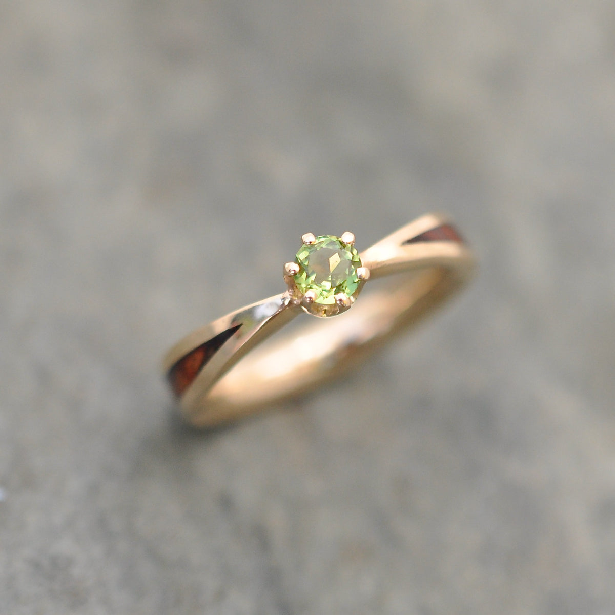 Moldavite solitaire wood engagement ring in yellow gold with wood inlay made to order