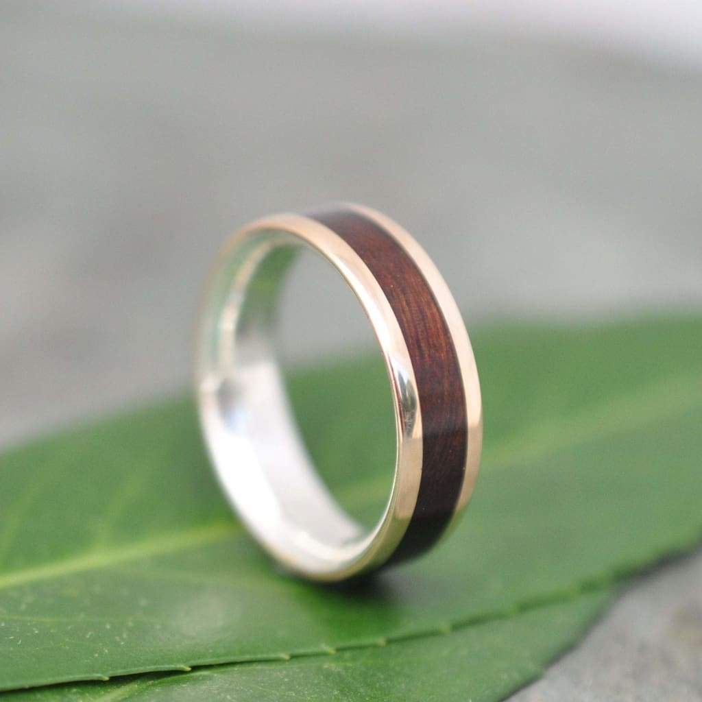 Comfort Fit Yellow Gold and Silver Wood Ring Lados Nacascolo, Eco friendly Gold Wood Wedding Band, 14k Gold Wooden Ring, Recycled Gold Ring