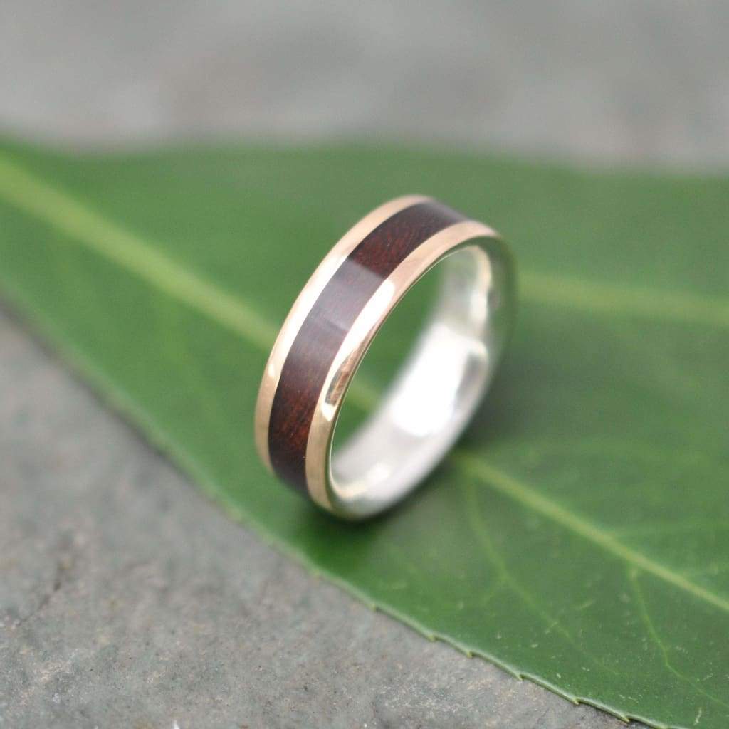 Comfort Fit Yellow Gold and Silver Wood Ring Lados Nacascolo, Eco friendly Gold Wood Wedding Band, 14k Gold Wooden Ring, Recycled Gold Ring