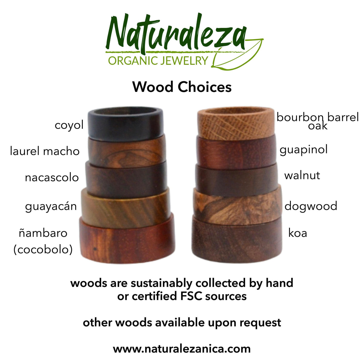 Wood options for custom wedding bands from Naturaleza Organic Jewelry