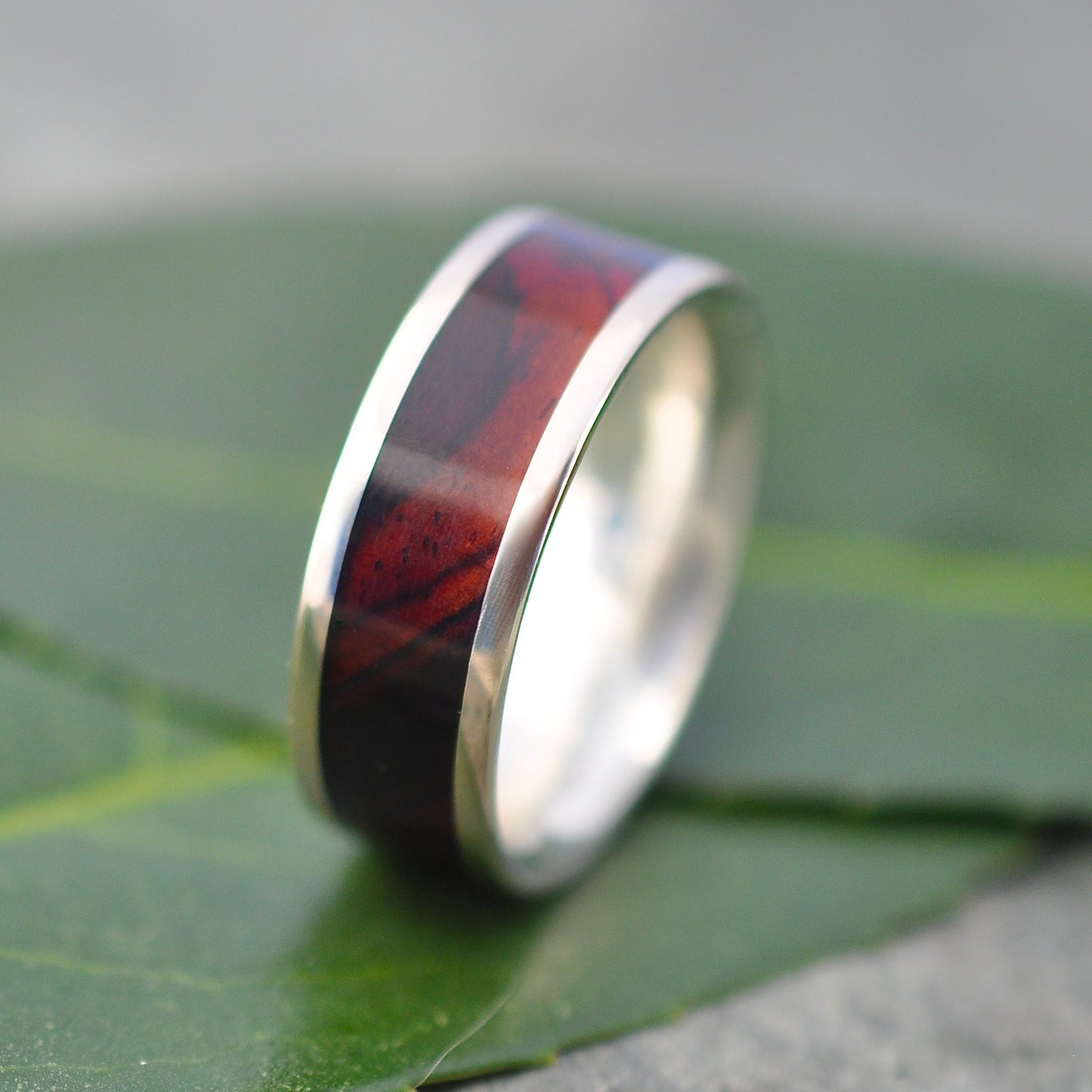 Naturaleza Organic Jewelry cocobolo wood wedding ring with recycled white gold. 