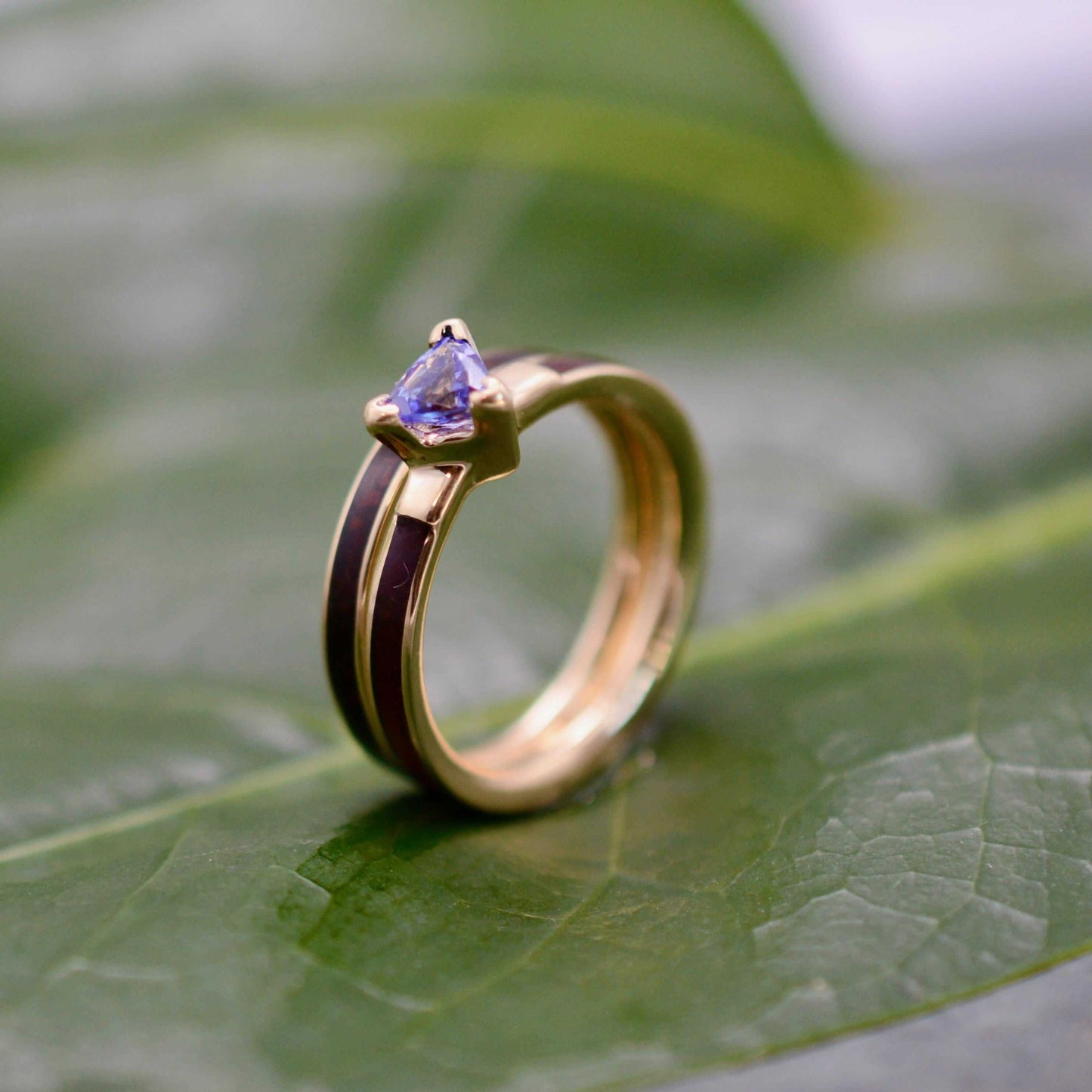 Koa Wood Engagement Ring with Trillion Cut Tanzanite and 14k Yellow Gold - Unique wood wedding band, handmade in Louisville KY.