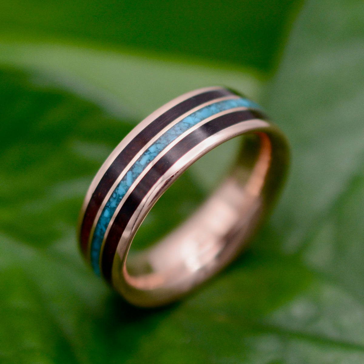 Sustainable rose gold wood ring with turquoise and koa, made to order
