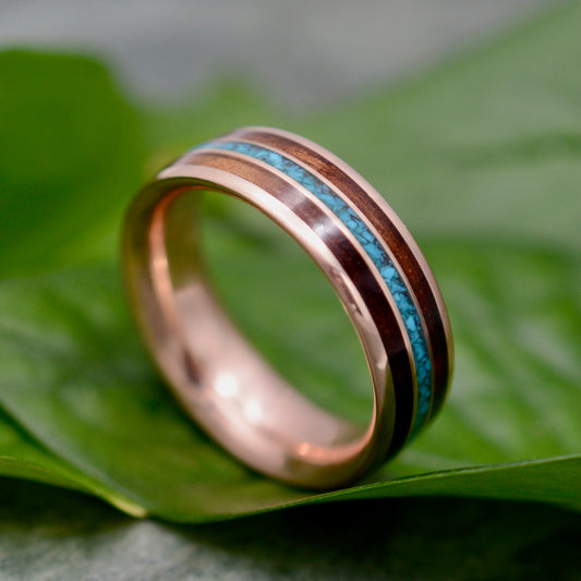 Rose gold wood ring with turquoise and koa wood, Meridian design