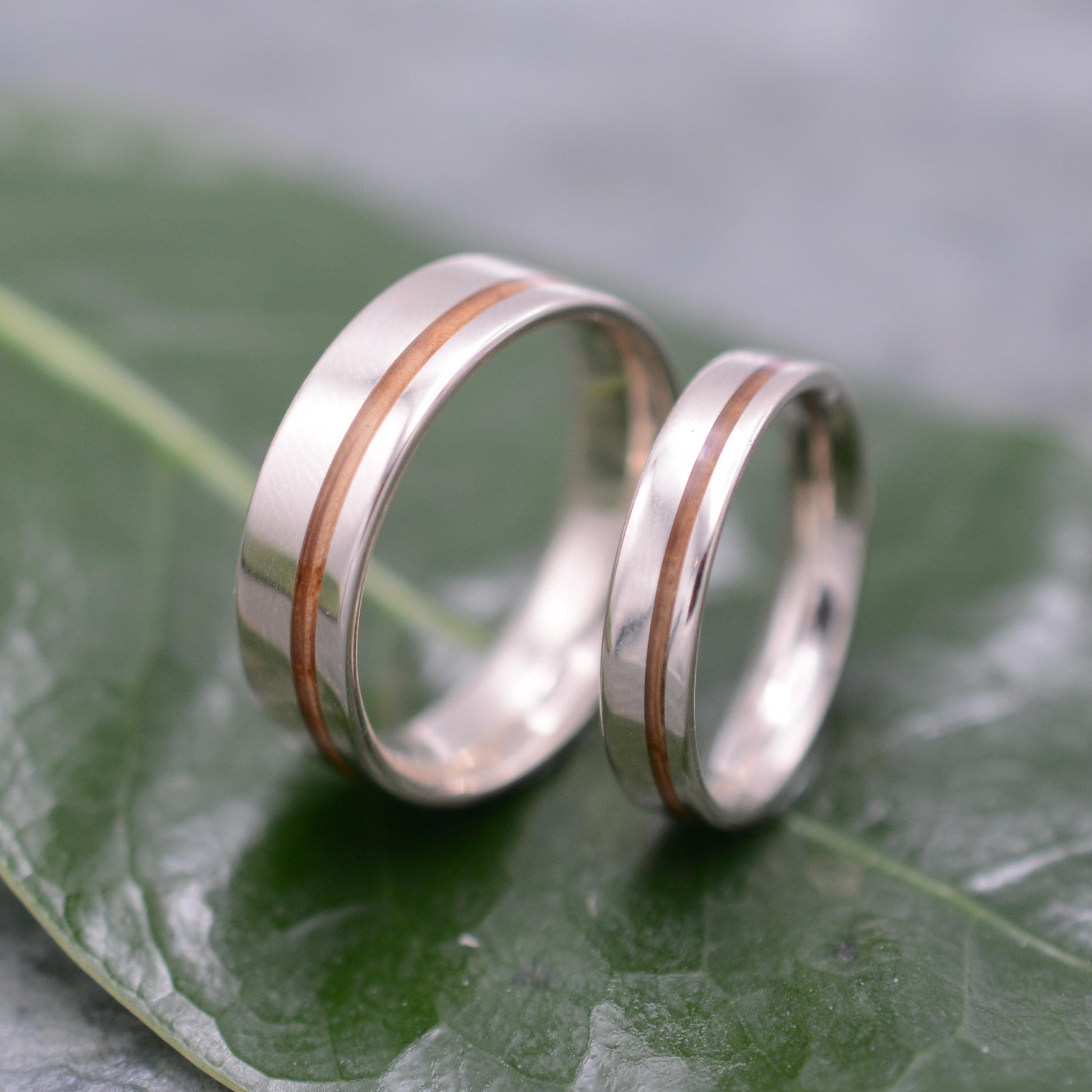 Bourbon barrel wood wedding ring set, 5mm and 7mm width