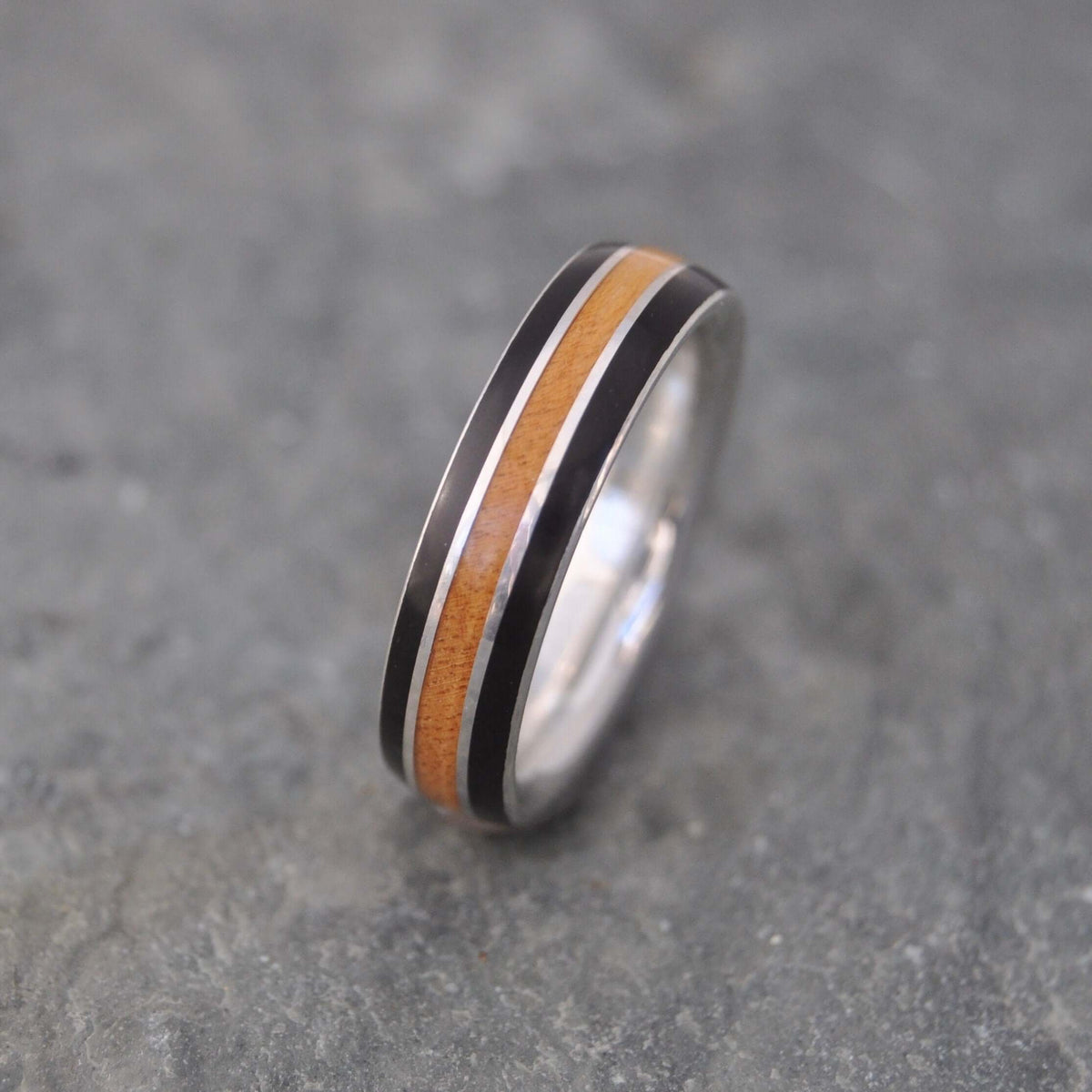 Comfort fit wood wedding ring with coyol and moran inlay and silver