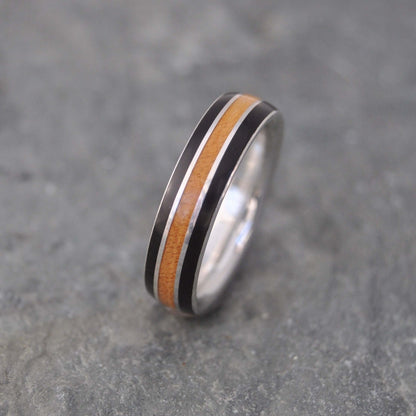 Comfort fit wood wedding ring with coyol and moran inlay and silver