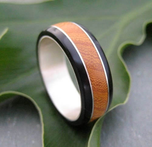 Custom silver and wood wedding band with coyol and moran, made to order