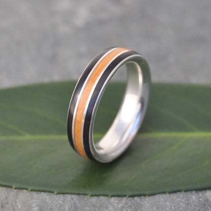 Unique silver and wood ring with coyol seed and moran wood contrast