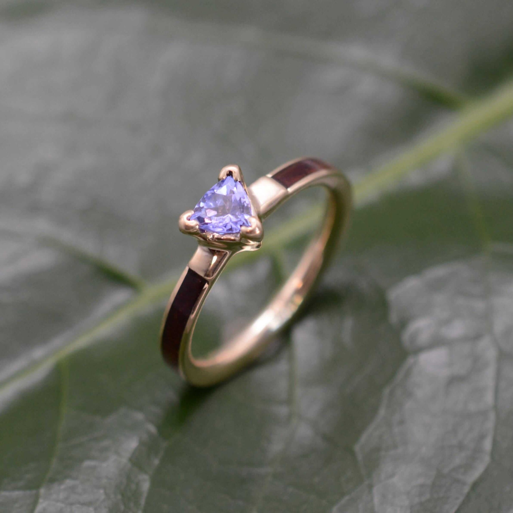 Koa Wood Engagement Ring with Trillion Cut Tanzanite and 14k Yellow Gold - Handmade in Louisville KY, unique wood wedding band.