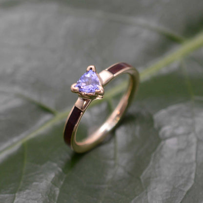 Koa Wood Engagement Ring with Trillion Cut Tanzanite and 14k Yellow Gold - Handmade in Louisville KY, unique wood wedding band.