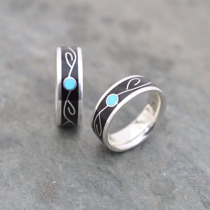 Vida turquoise vine inlay ring with coyol seed and sterling silver