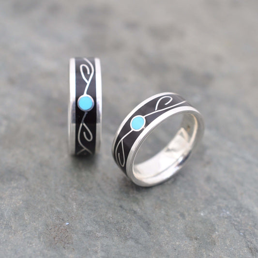 Vida turquoise vine inlay ring with coyol seed and sterling silver