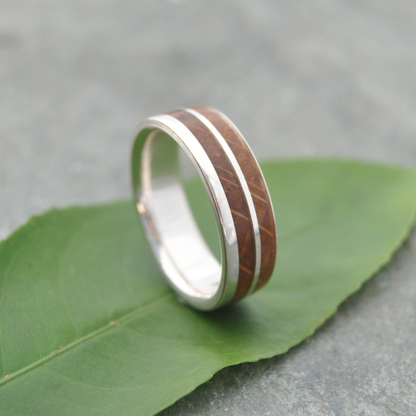 Unique bourbon barrel wedding ring with white gold, handmade in Louisville