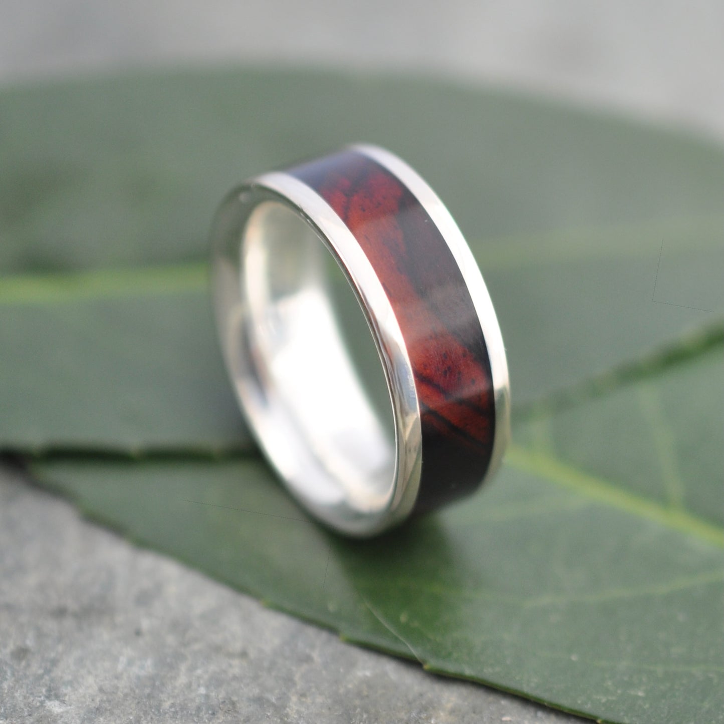 Cocobolo wood ring, sustainably sourced in Nicaragua for eco-friendly wooden wedding band. Handmade by Naturaleza Organic Jewelry