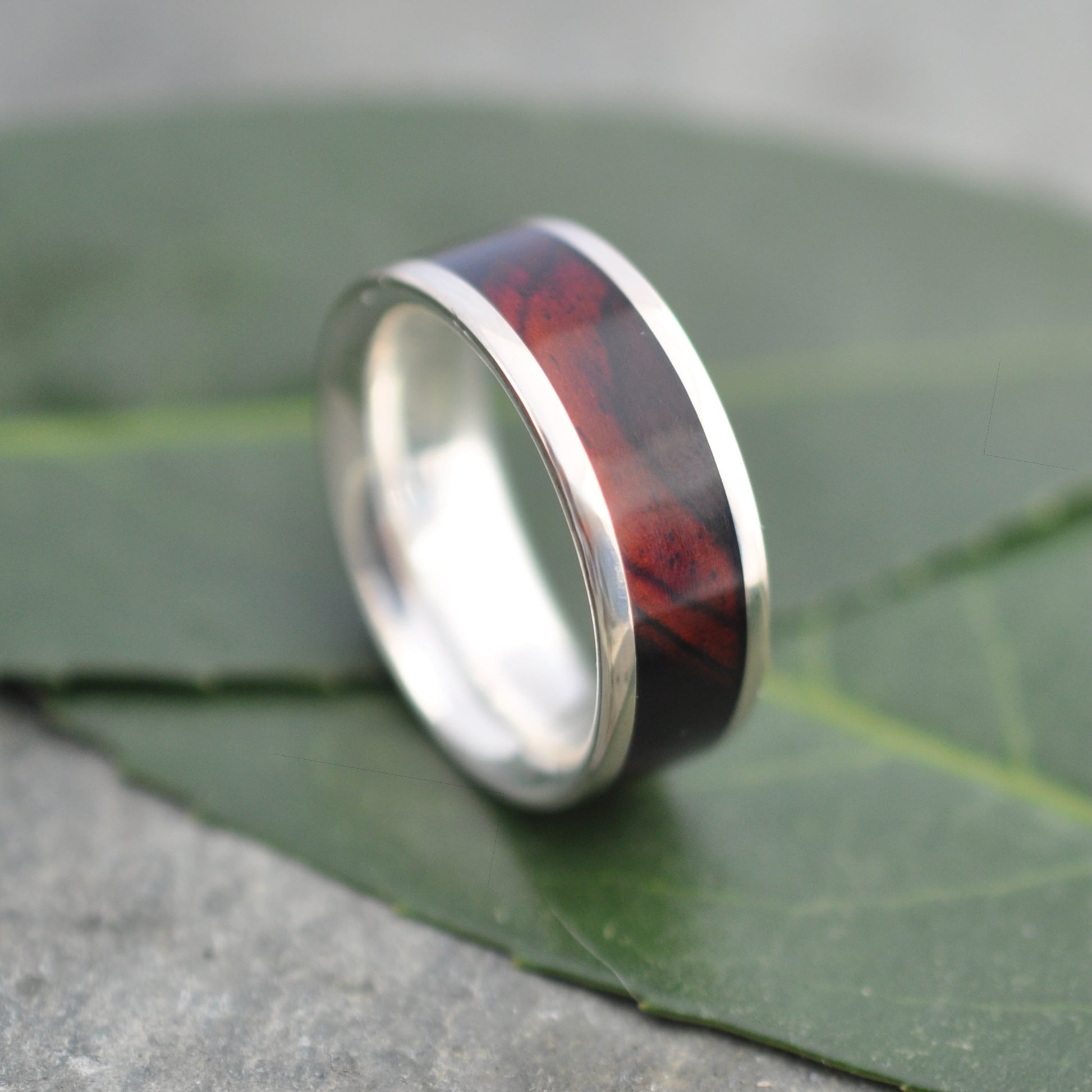 Cocobolo wood ring, sustainably sourced in Nicaragua for eco-friendly wooden wedding band. Handmade by Naturaleza Organic Jewelry