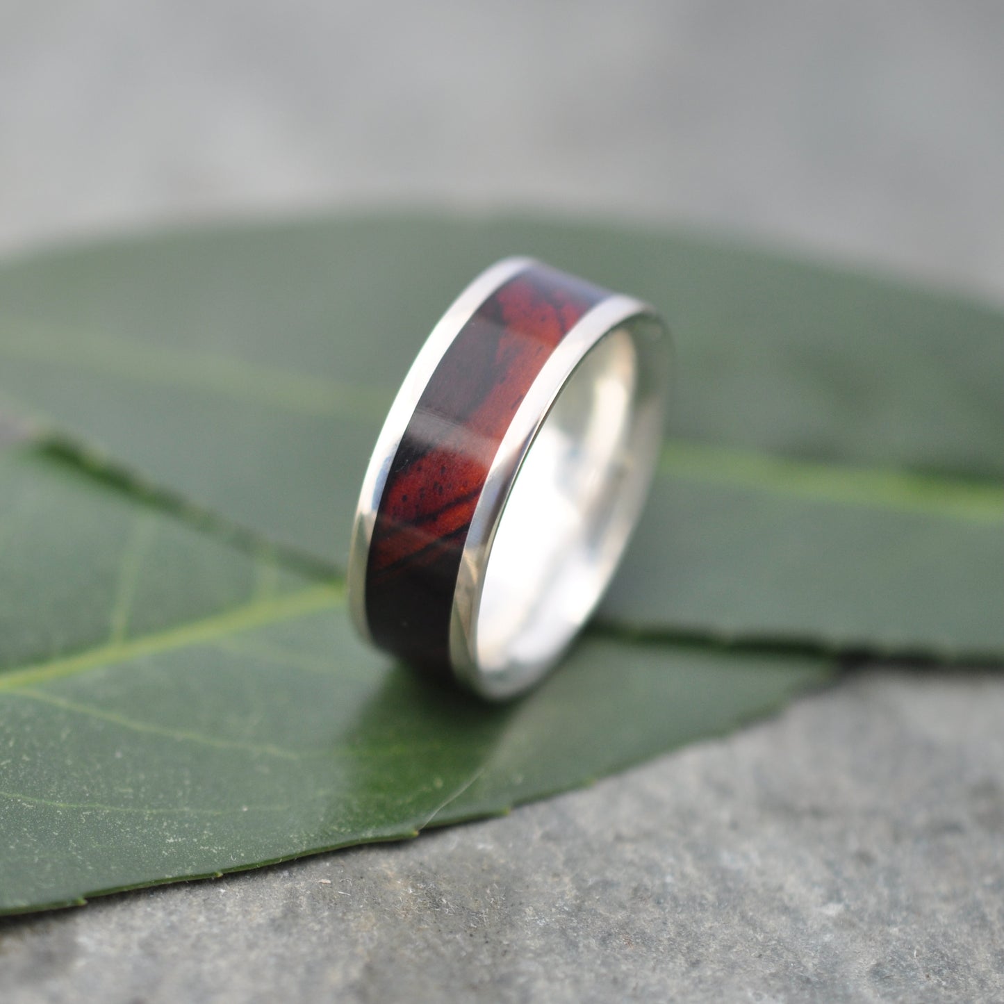 White gold cocobolo wood wedding ring handmade with sustainable hardwoods and recycled white gold