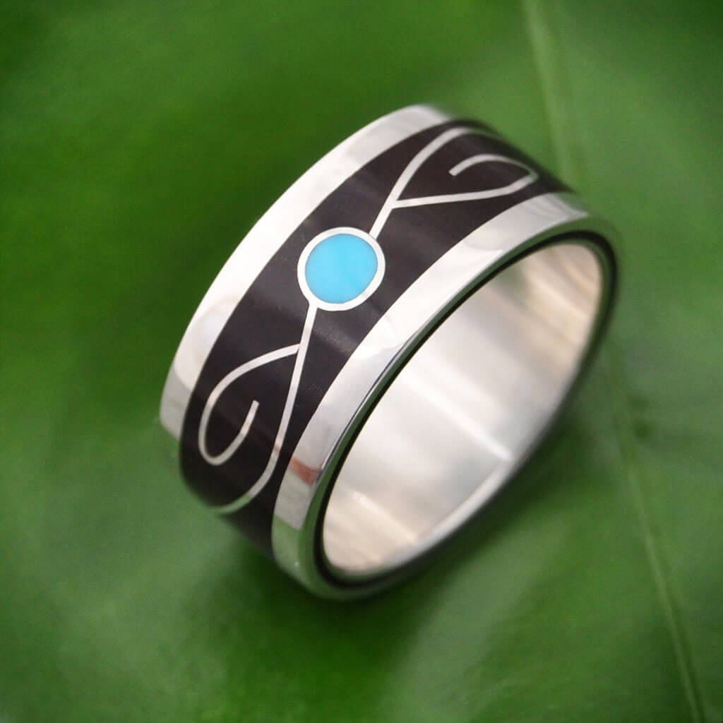 Sustainable wood and silver ring with turquoise center and vine motif