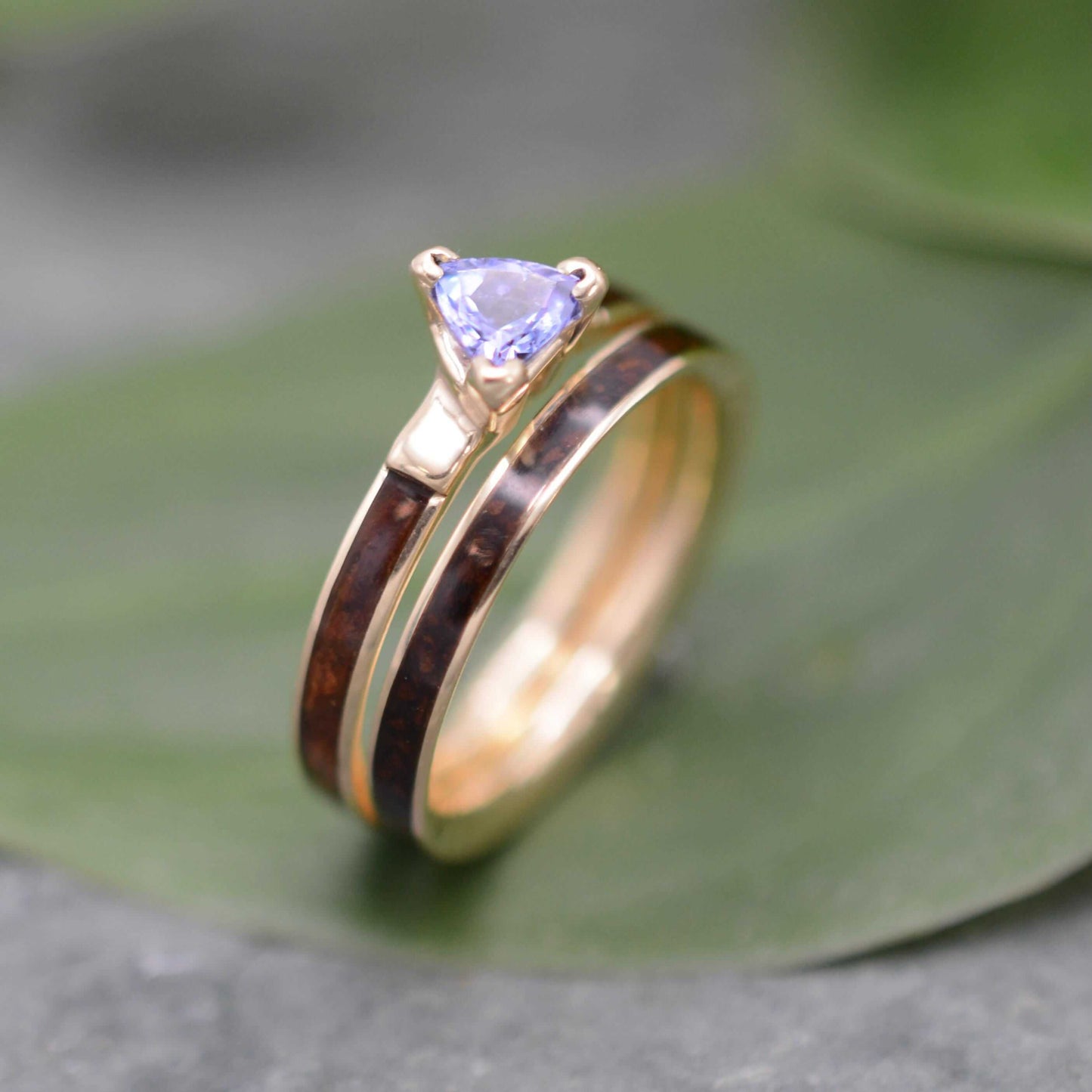 Koa Wood Engagement Ring with Trillion Cut Tanzanite and 14k Yellow Gold - unique wood wedding band handcrafted in Louisville KY.