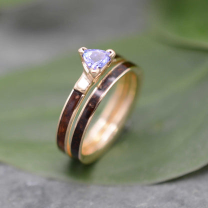 Koa Wood Engagement Ring with Trillion Cut Tanzanite and 14k Yellow Gold - unique wood wedding band handcrafted in Louisville KY.