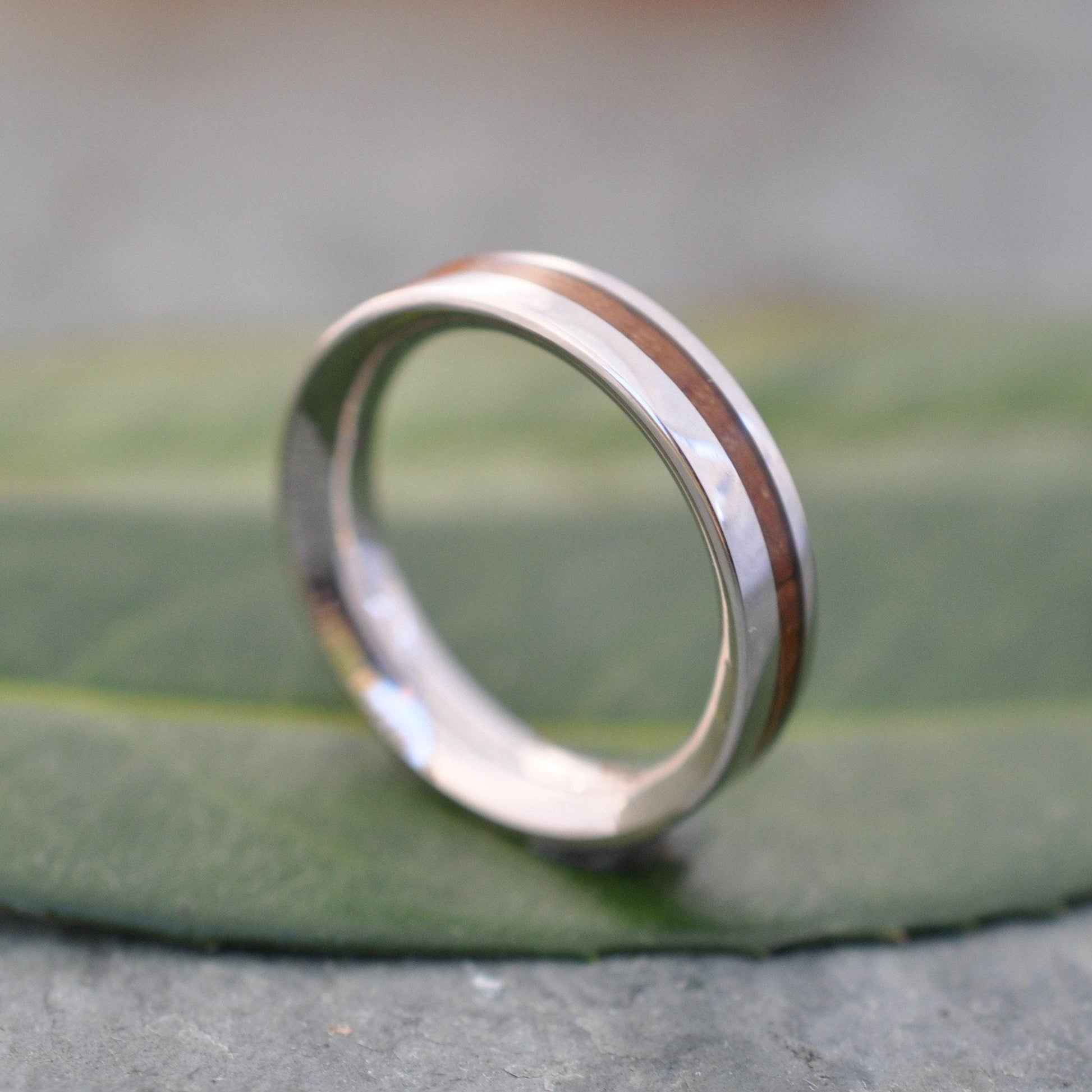 Whiskey barrel wood wedding ring with white gold