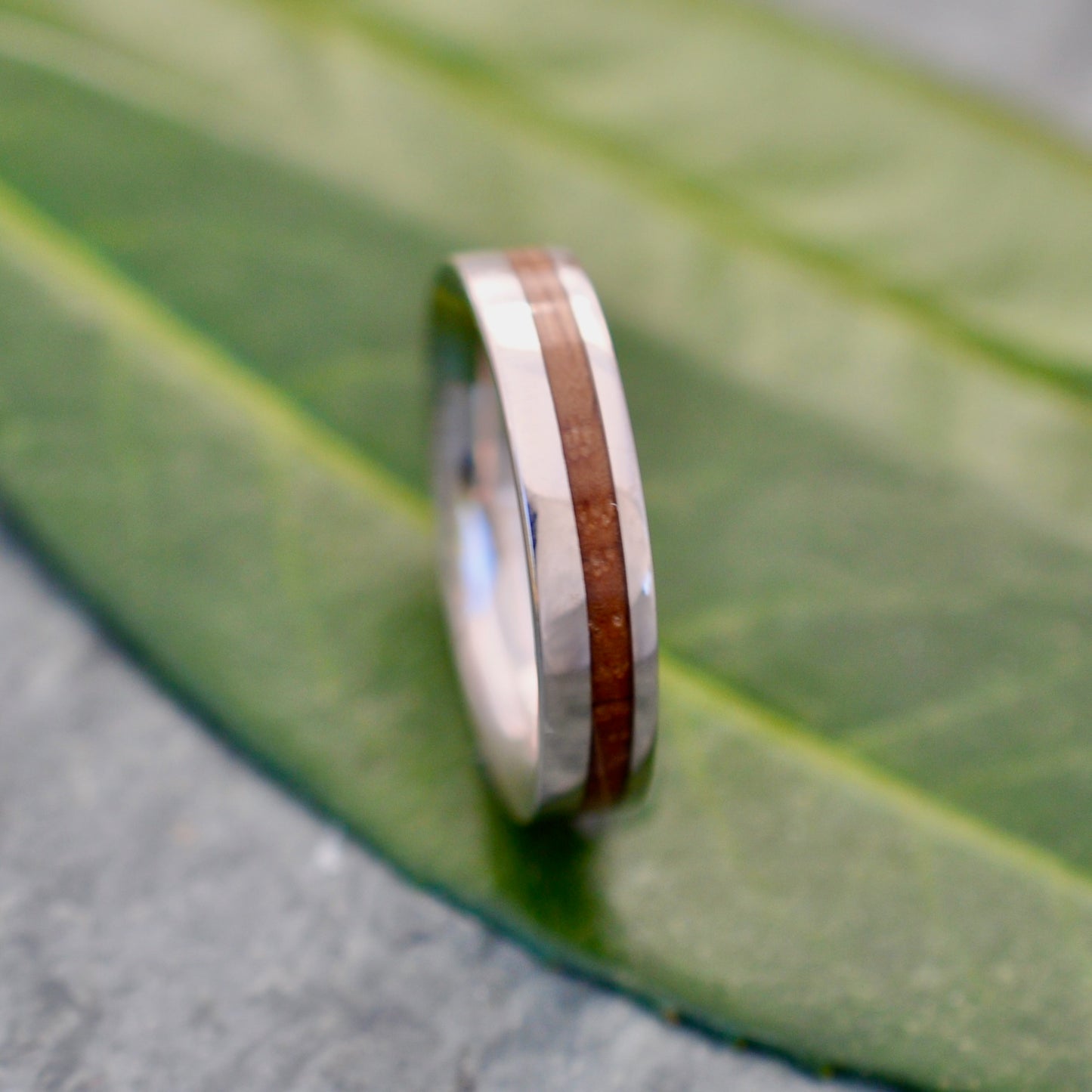 Front view of 5mm bourbon barrel wood ring with white gold