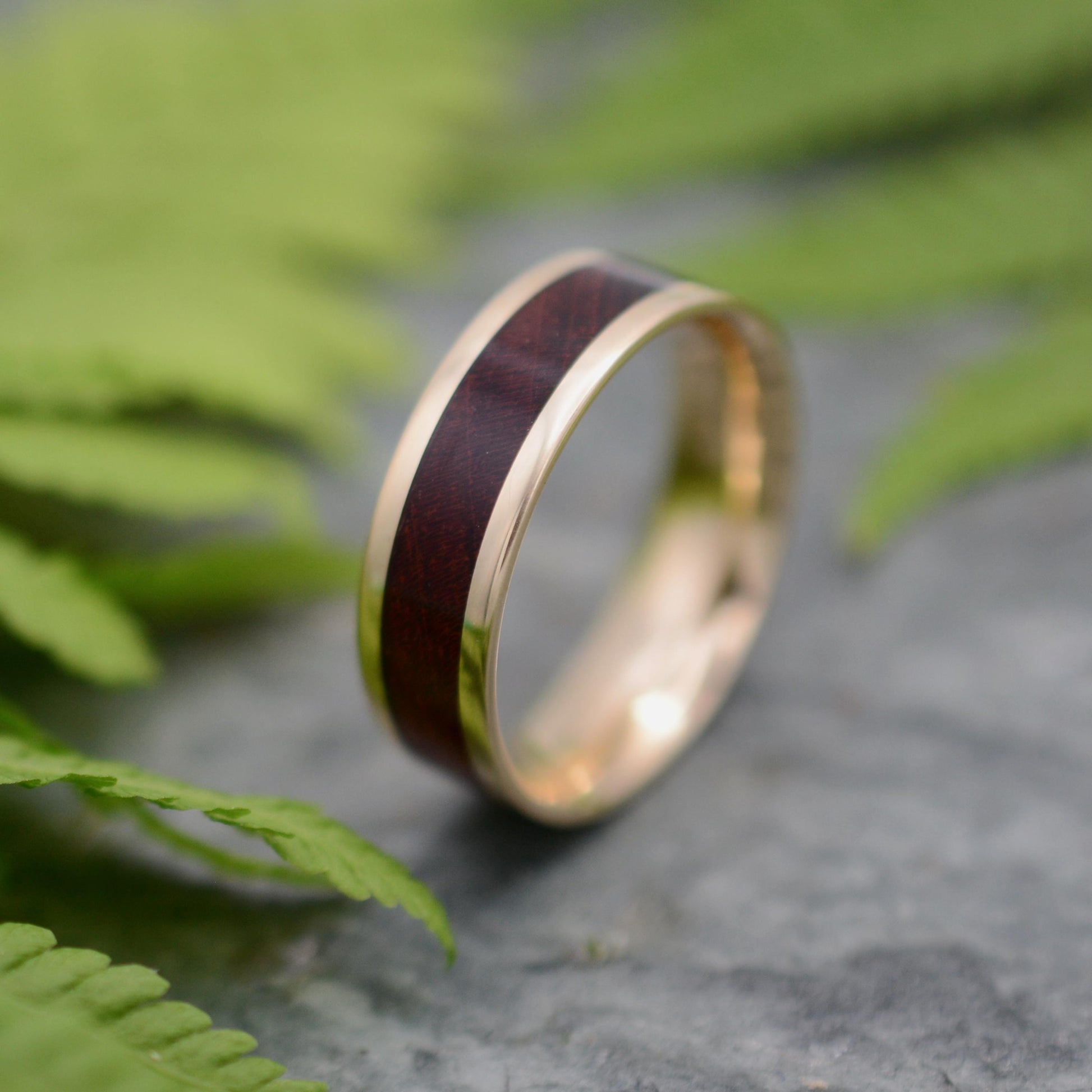 Wood and gold ring with guapinol wood and 14k recycled solid gold by Naturaleza Organic Jewelry