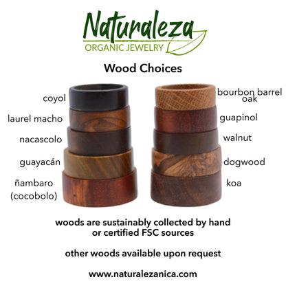 Wooden jewelry choices with corresponding names and a brand logo on a white background